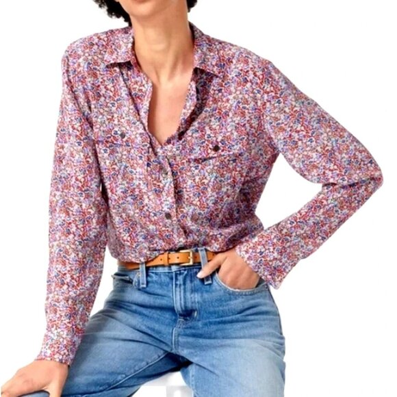 J. Crew Classic Fit 100% Silk Blouse Womens 8‎ Red Floral Long Sleeve Button Up
